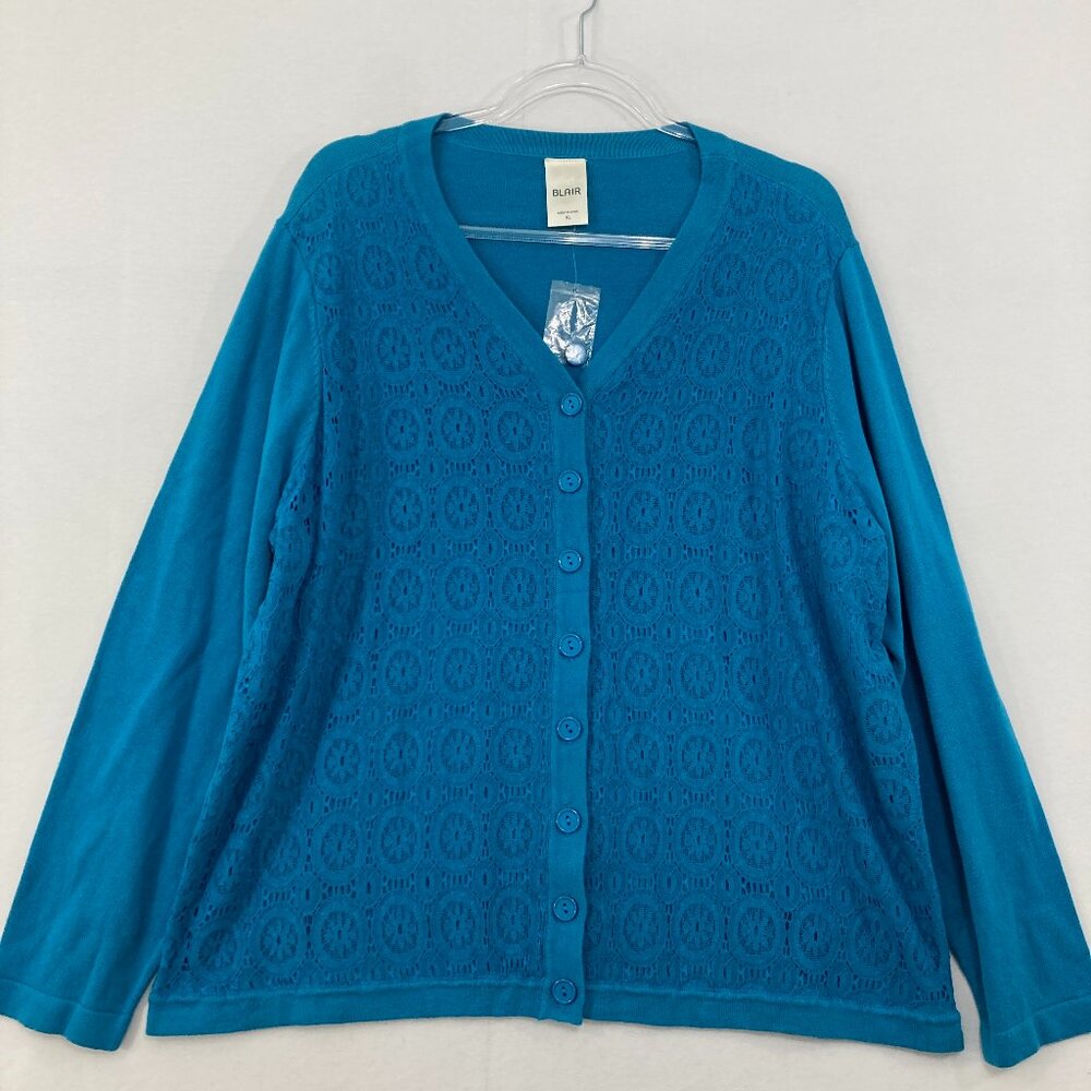 Blair size XL Blue Pattern Eyelet Knit Preppy Button Long Sleeve Cardigan